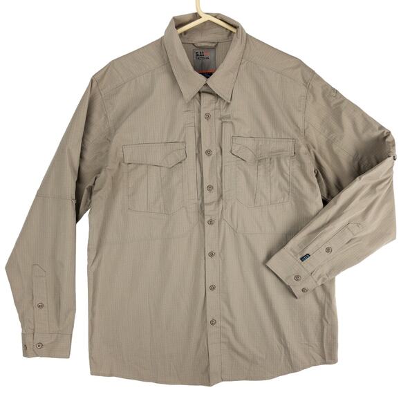 5.11 Tactical Shirt Men's Large Button-Down Rip-Stop Beige Many Pockets Logo - Picture 1 of 15